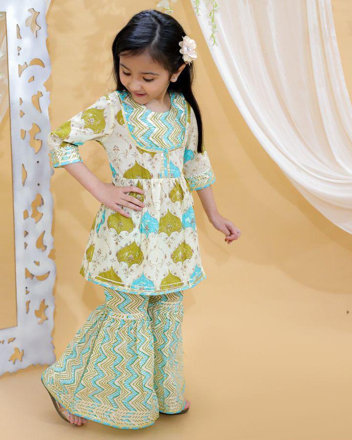 Kid’s Girls Pure Cotton Jaipur Block Printed Indian Ethnic Festive Party Wear Suit Sets | Green