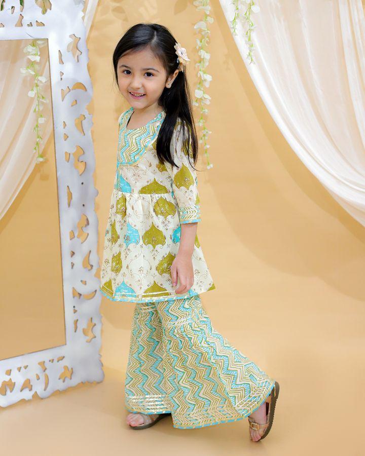 Kid’s Girls Pure Cotton Jaipur Block Printed Indian Ethnic Festive Party Wear Suit Sets | Green