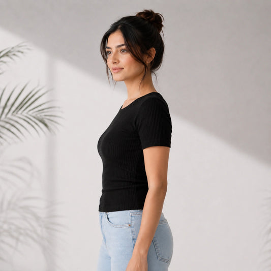 Elegant Bamboo Rib fabric Half Sleeves Top For Women | Black