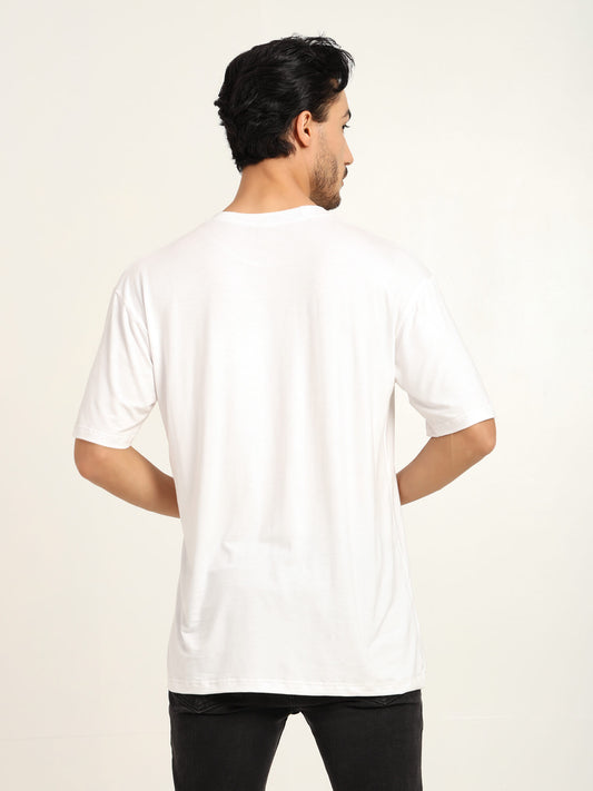 Men's oversized white bamboo t-shirt showcasing breathable and sustainable fabric from the back.