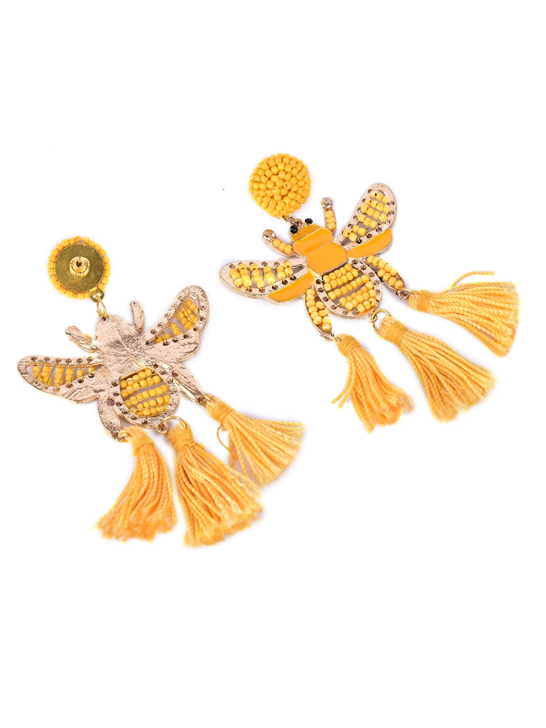 Yellow Beaded Bee Earrings with Tassel Accents – Statement Jewelry for a Bold Look