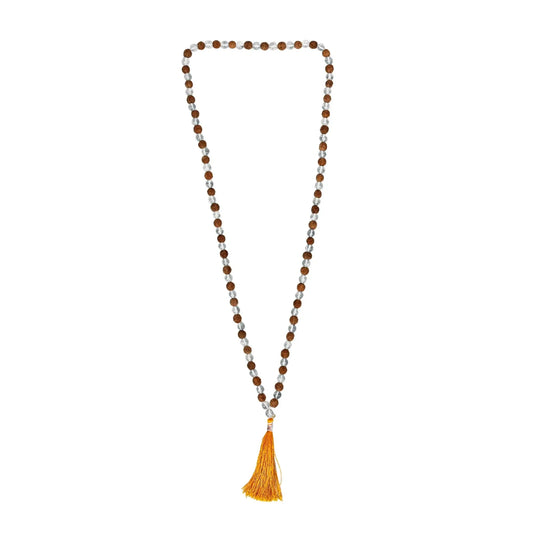 Certified Clear Quartz and Rudraksha mala necklace for meditation and spiritual protection with orange tassel.