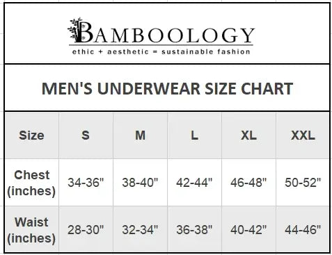 Men's underwear size chart for Bambooology, showing chest and waist measurements in inches.