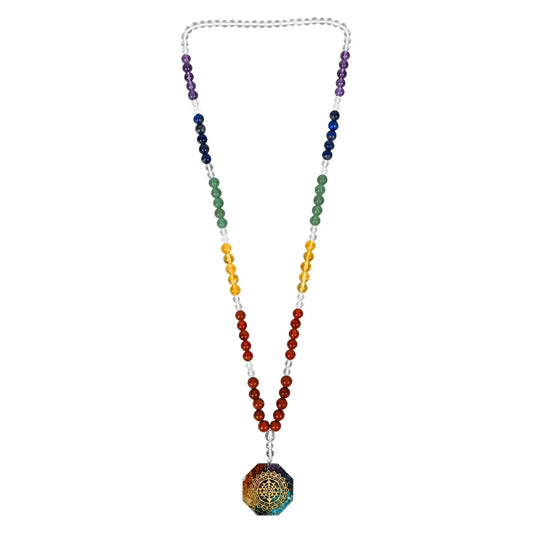 Seven Chakra Healing Crystal Mala with colorful beads for meditation and energy alignment.