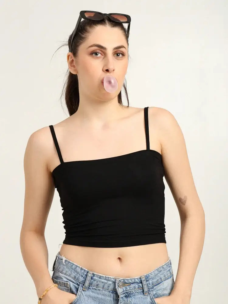 Gen Z Bamboo Tube Top in black, featuring a trendy fit and a model blowing bubble gum, perfect for casual styling.