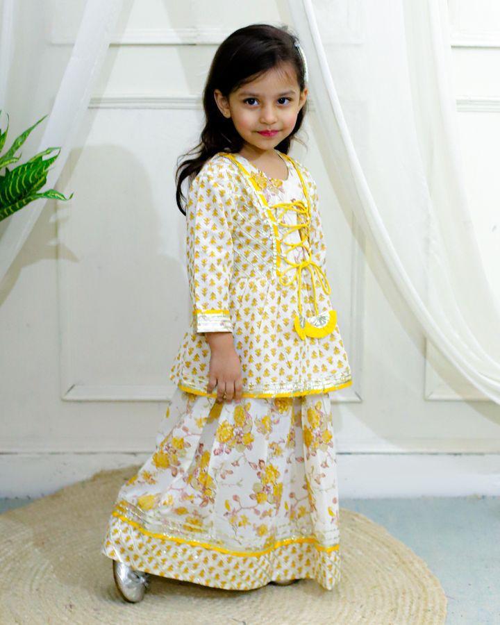 Kid’s Girls Pure Cotton Jaipur Block Printed Indian Ethnic Festive Party Wear Peplum Dori Suit Sets | Yellow
