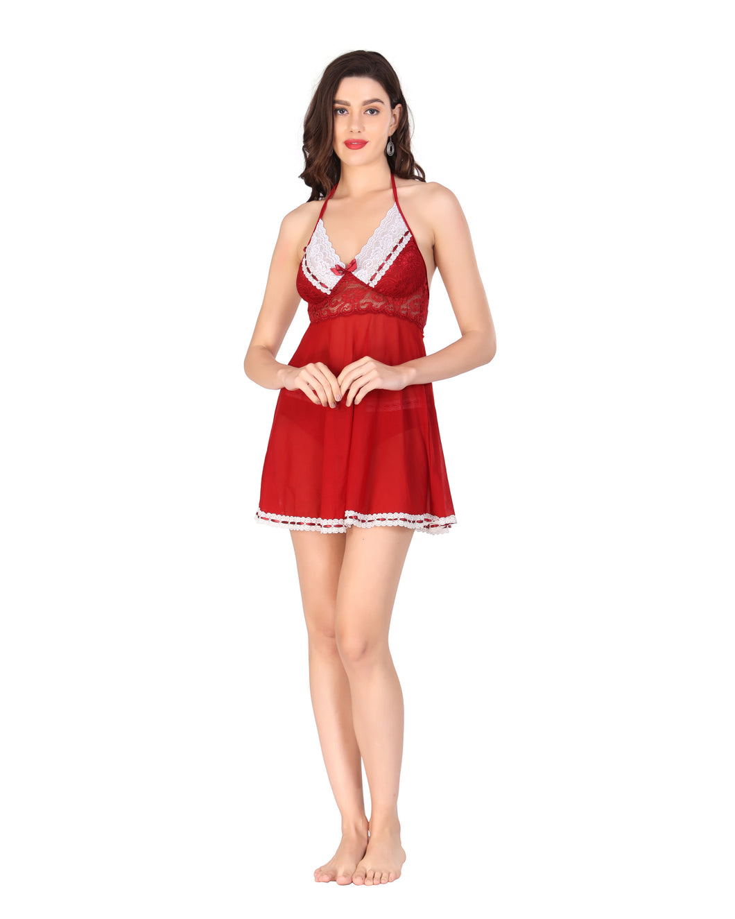 Red Back less Lace Net Glamorous Doll nighty Set for women