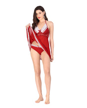 Load image into Gallery viewer, Red Back less Lace Net Glamorous Doll nighty Set for women
