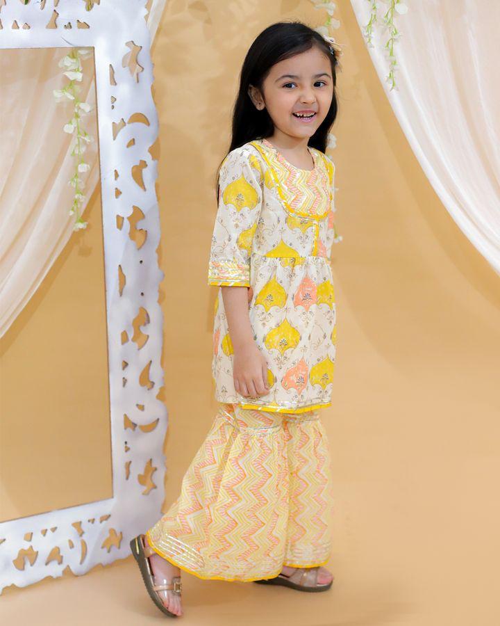 Kid’s Girls Pure Cotton Jaipur Block Printed Indian Ethnic Festive Party Wear Suit Sets | Yellow