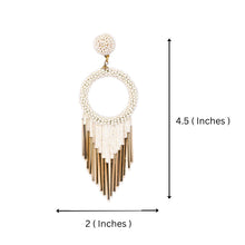 Load image into Gallery viewer, White Beaded Hoop Earrings with Gold Fringe – Elegant Statement Jewellery
