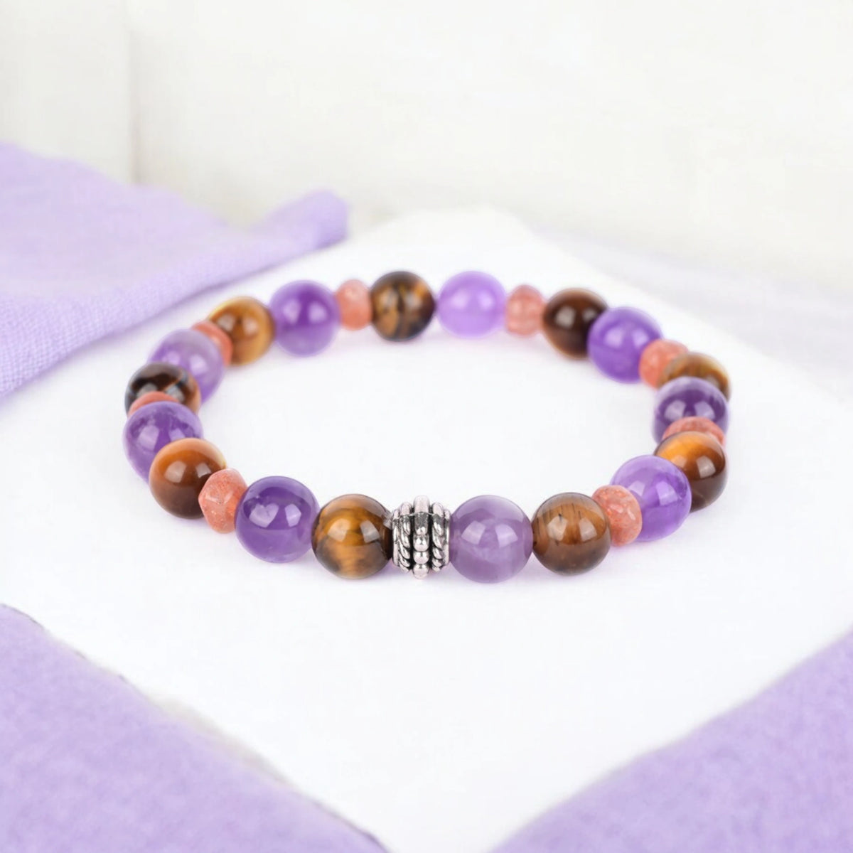 Amethyst, Tiger's Eye, and Sunstone Healing Bracelet for Calm, Confidence, and Vitality