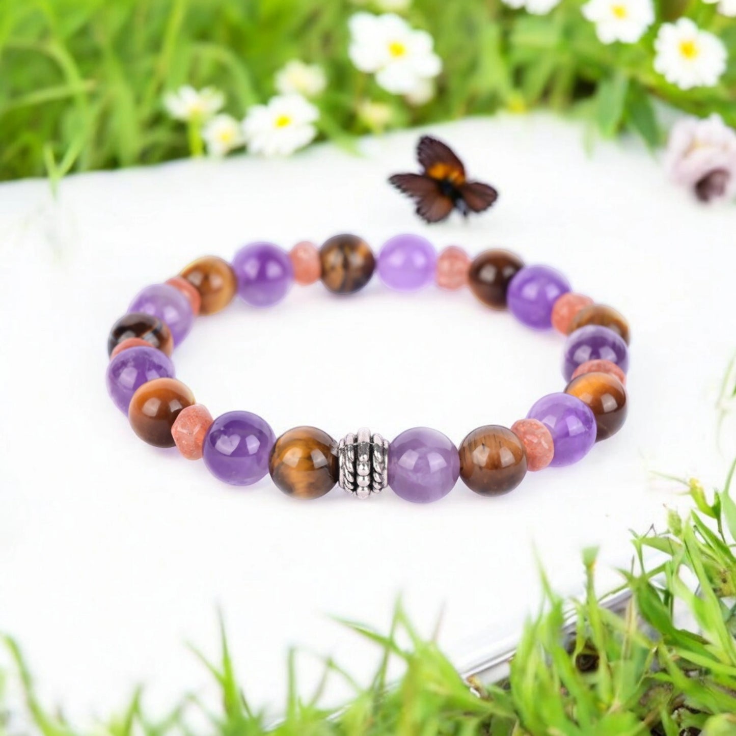Amethyst, Tiger's Eye, and Sunstone Healing Bracelet for Calm, Confidence, and Vitality