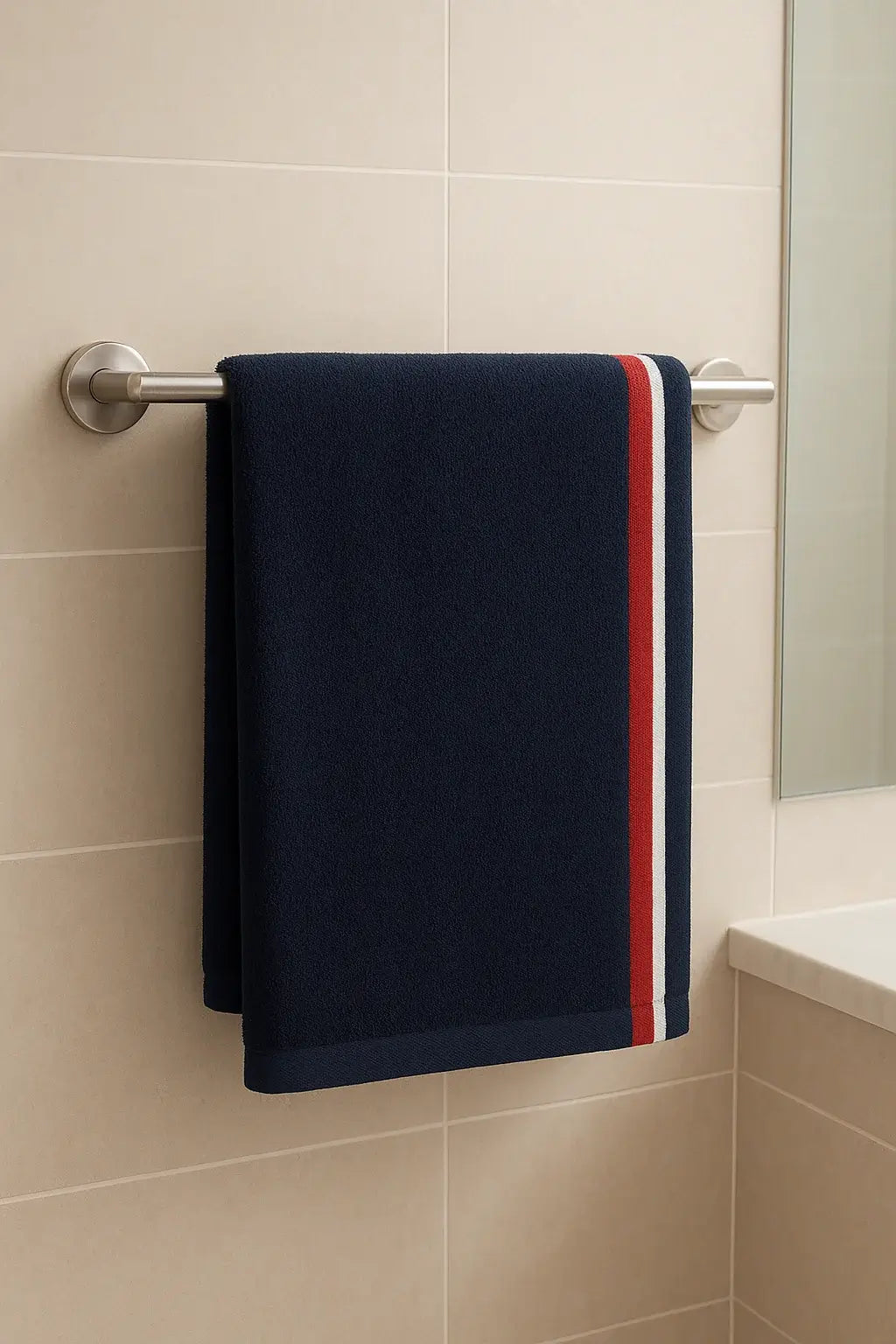 Navy towel with red and white stripes hanging on a towel rack in a bathroom.