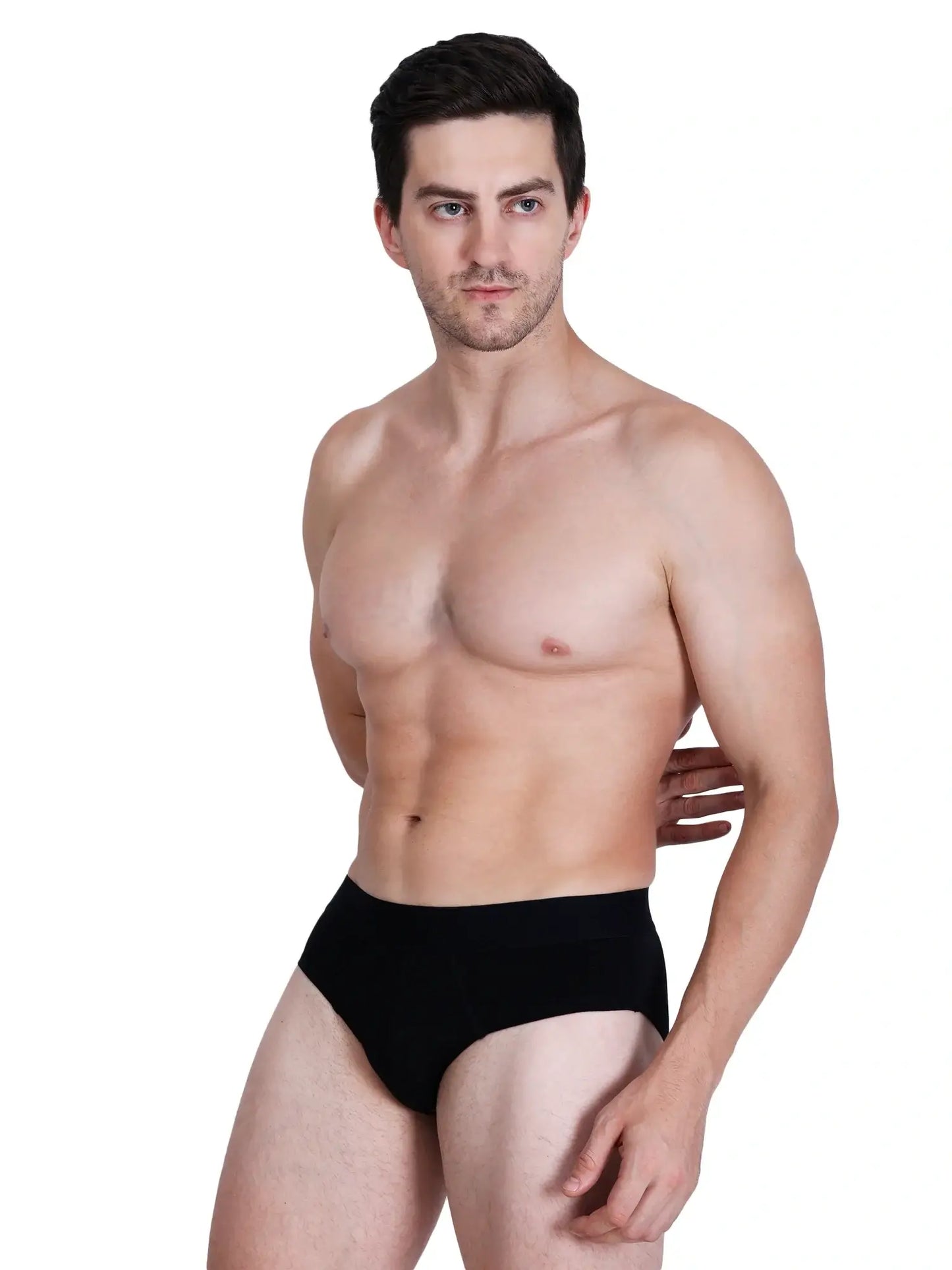 Model showcasing men's bamboo underwear, highlighting its ultrasoft, breathable, and anti-bacterial features.