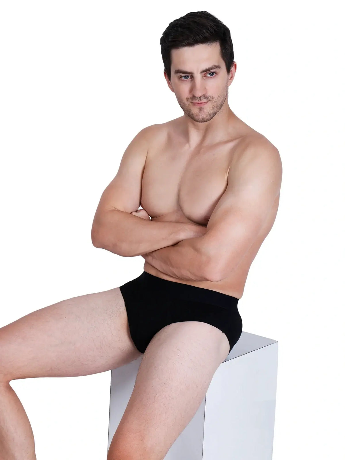 Model showcasing men's bamboo underwear, emphasizing softness and comfort in a stylish black design.