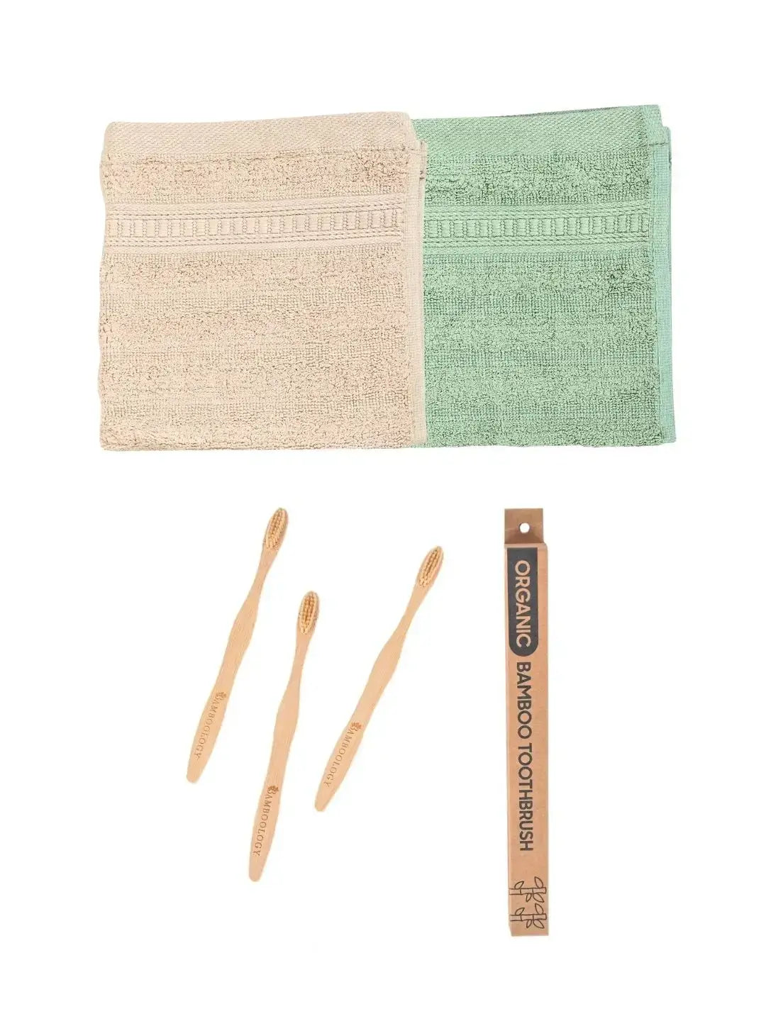 Bamboo Face Towel - Cream & Green with Toothbrush - Pack of 3
