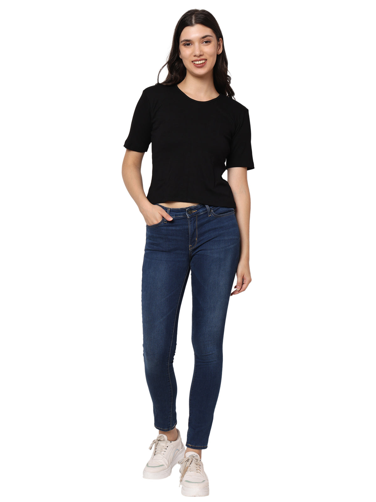 Black Premium Ribbed H/S Top for Women