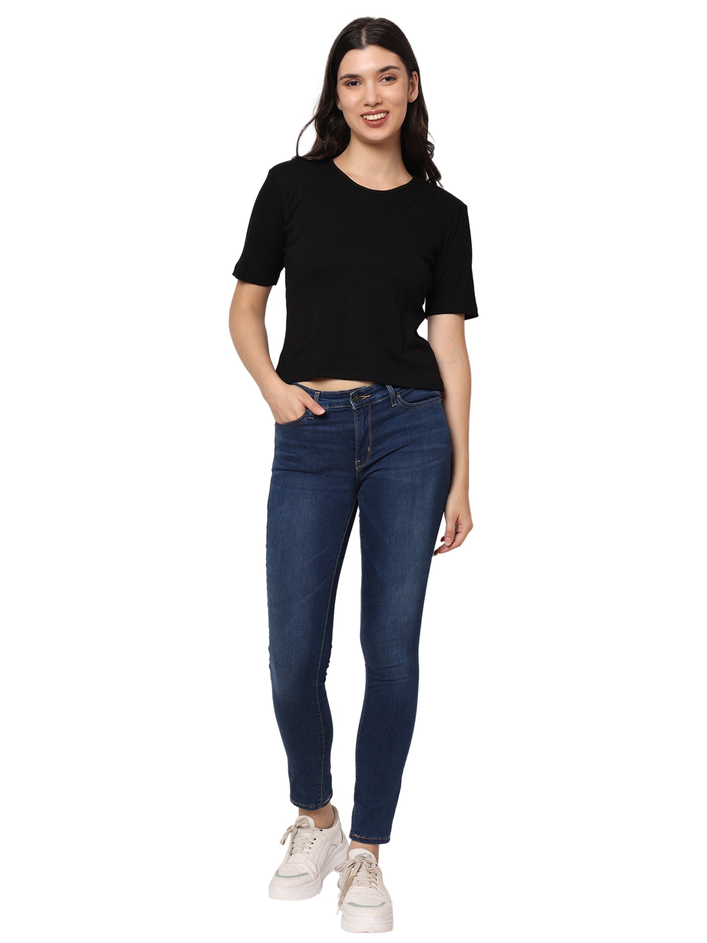 Black Premium Ribbed H/S Top for Women