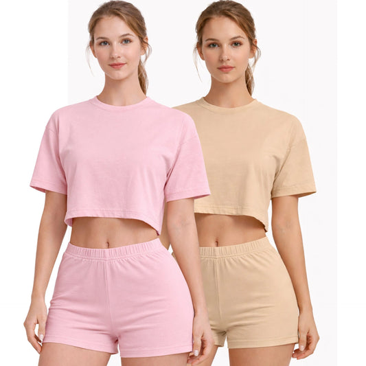 Women's Bamboo Fabric Mid Rise Shorts | Beige and Mauve | Pack of 2
