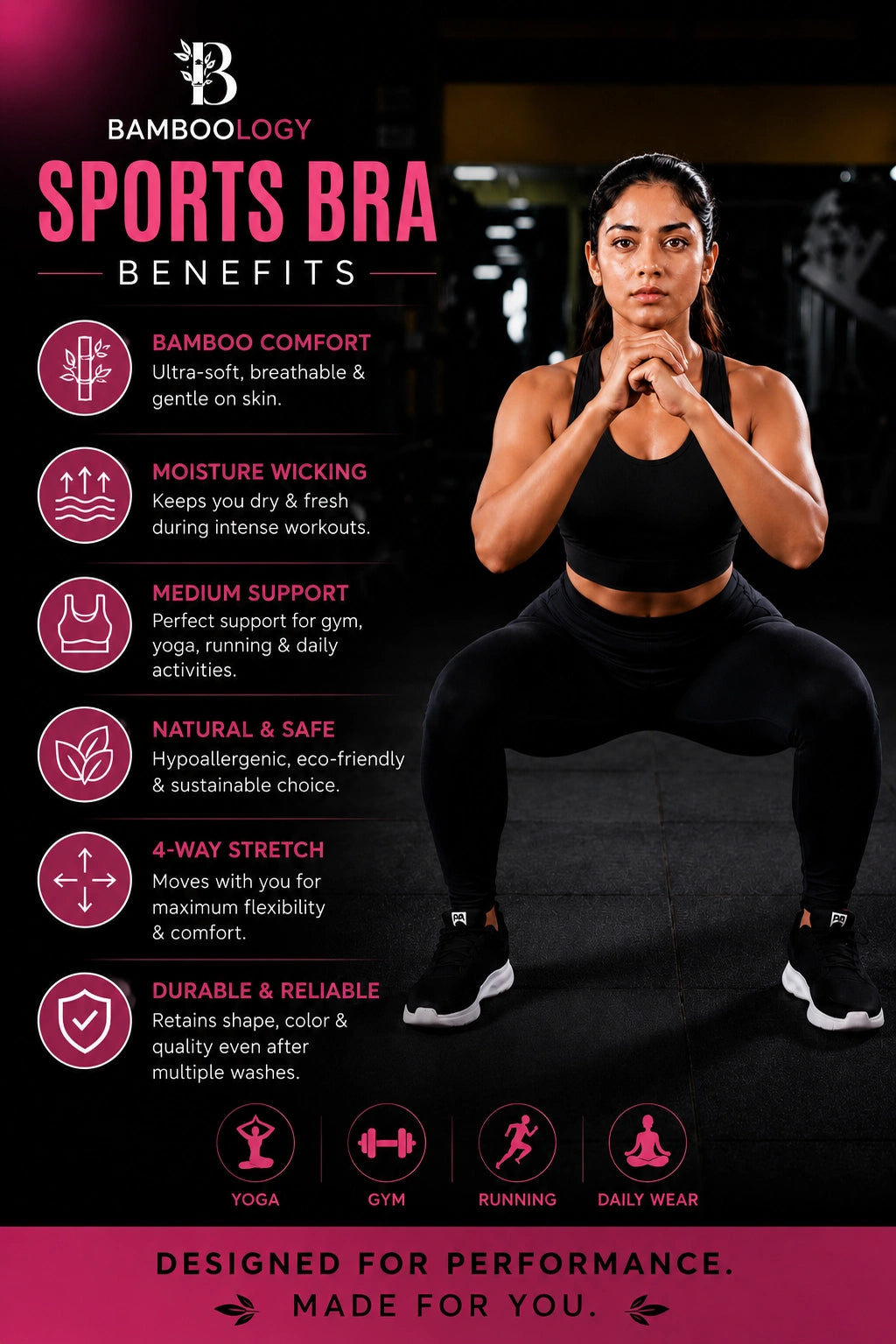 Bamboo Fabric Sports Bra | Non Padded, Non Wired, Seamless and Full Coverage | Black
