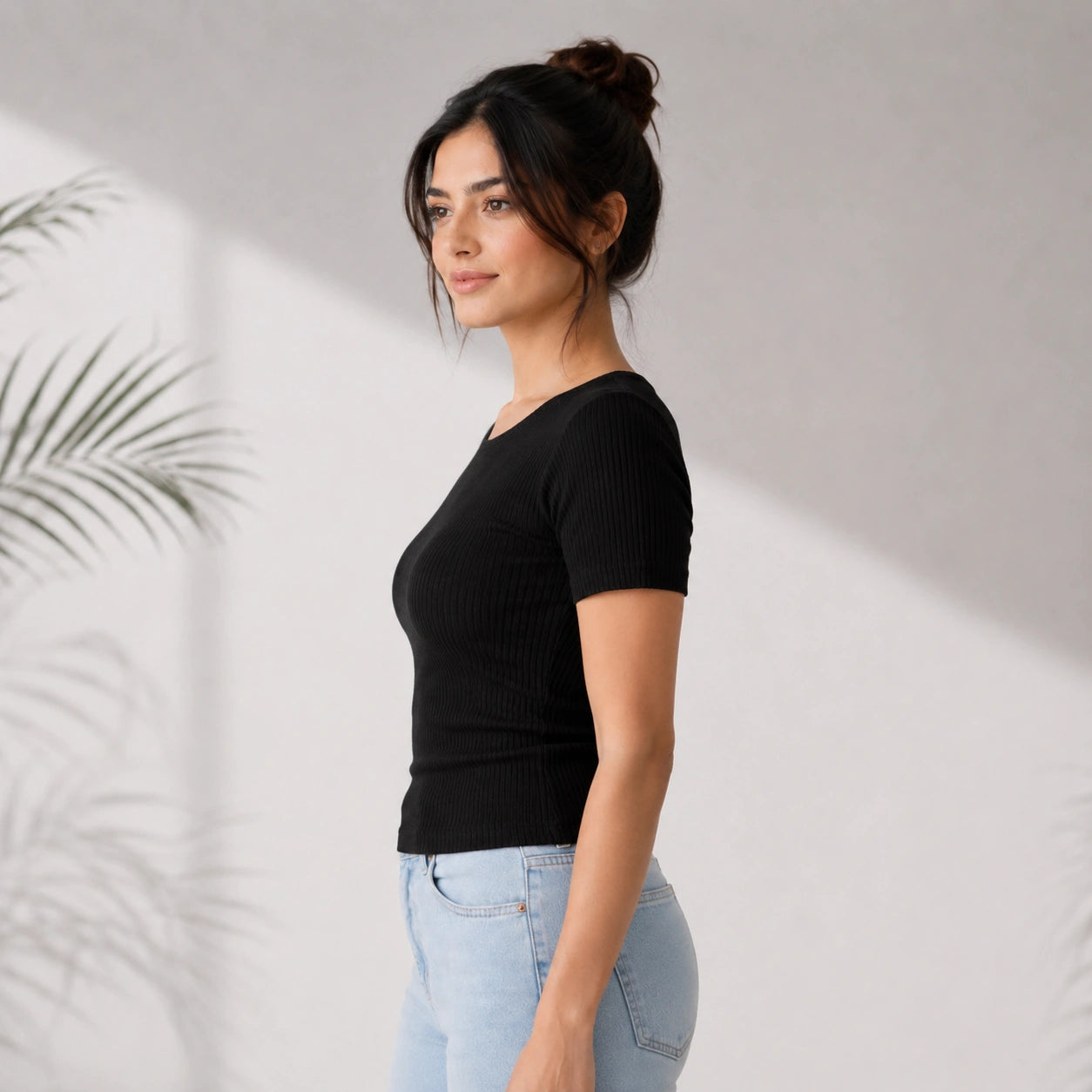 Elegant Bamboo Rib fabric Half Sleeves Top For Women | Black