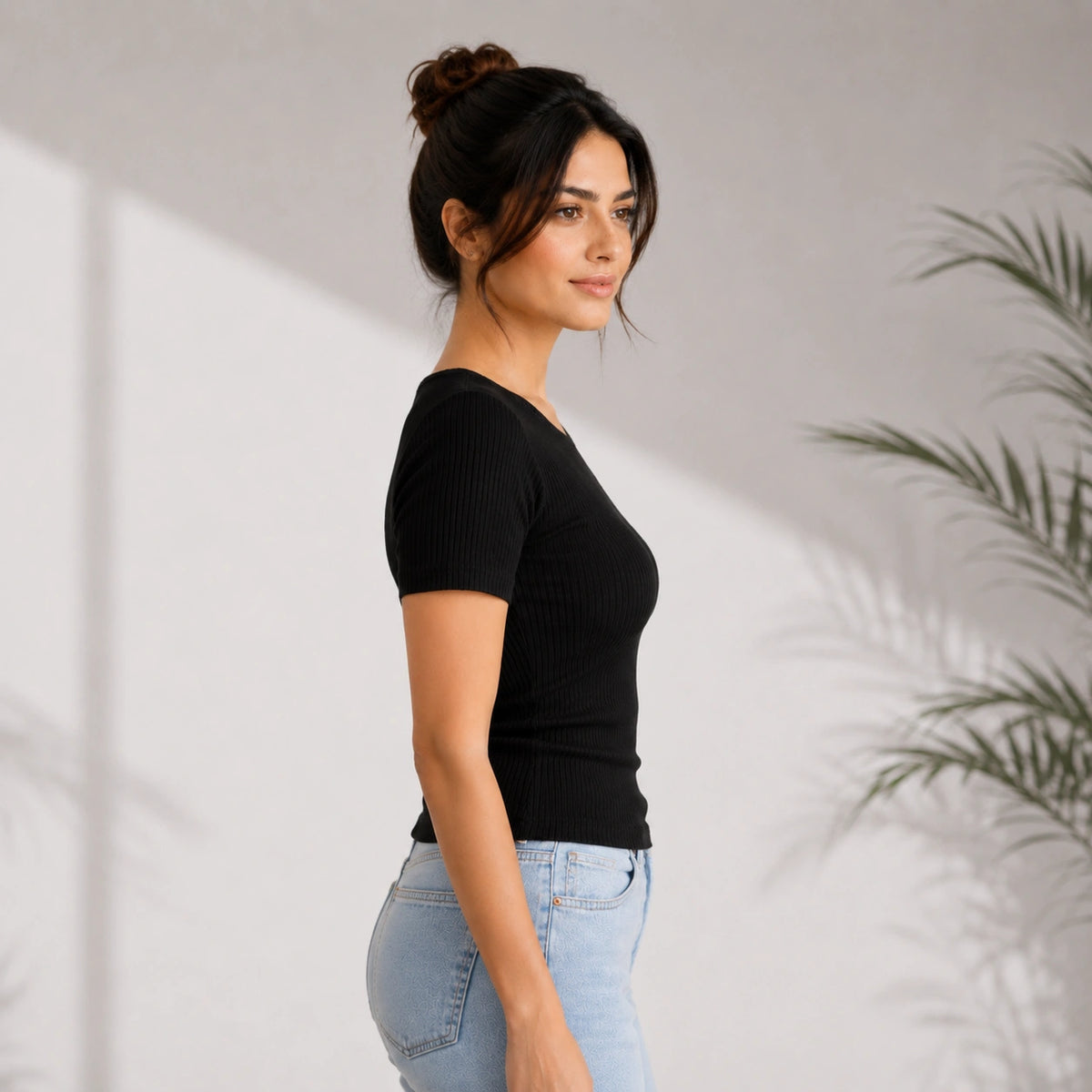 Elegant Bamboo Rib fabric Half Sleeves Top For Women | Black