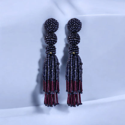 Chic Navy Blue Beaded Tassel Earrings