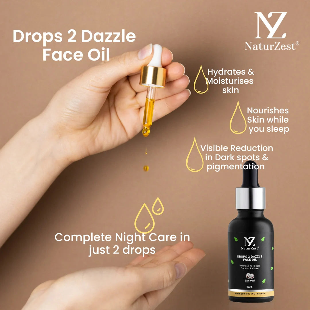 NaturZest Hair Oil for Growth, Drops 2 Dazzle Face Oil, Lip Balm - Vanilla / Coffee &  Rose Water Mist