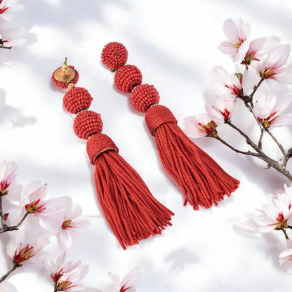 Red Beaded Tassel Earrings