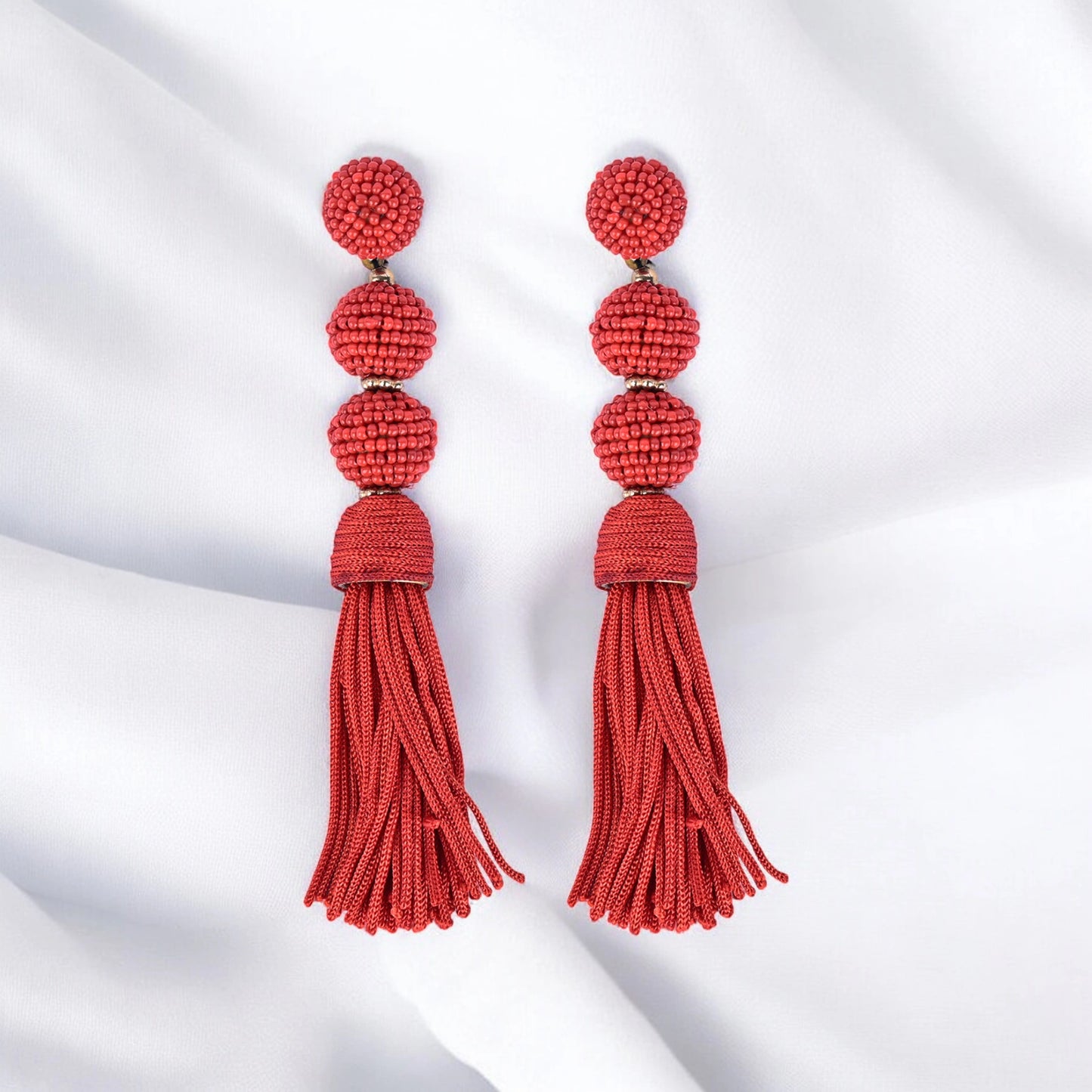 Elegant Red Beaded Tassel Earrings - Statement Jewellery