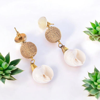 Elegant Shell Drop Earrings with Twisted Gold Bead Accents – Coastal Chic Jewelry