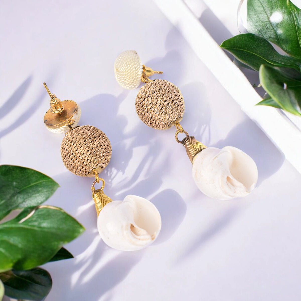 Elegant Shell Drop Earrings with Twisted Gold Bead Accents – Coastal Chic Jewelry