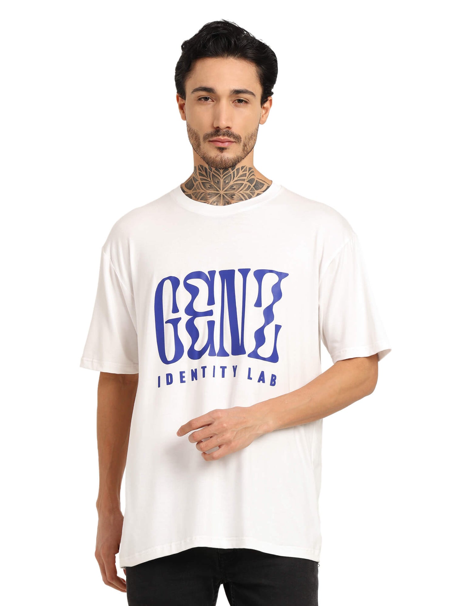 Men's oversized bamboo T-shirt featuring 'GEN Z IDENTITY LAB' graphic. Soft and breathable streetwear style.