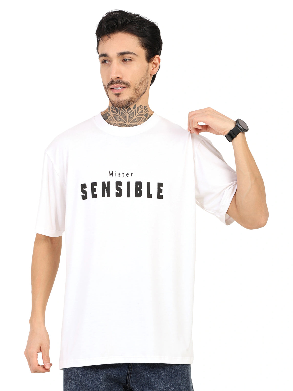 Men's oversized white bamboo T-shirt with 'Mister SENSIBLE' print for comfortable streetwear style.