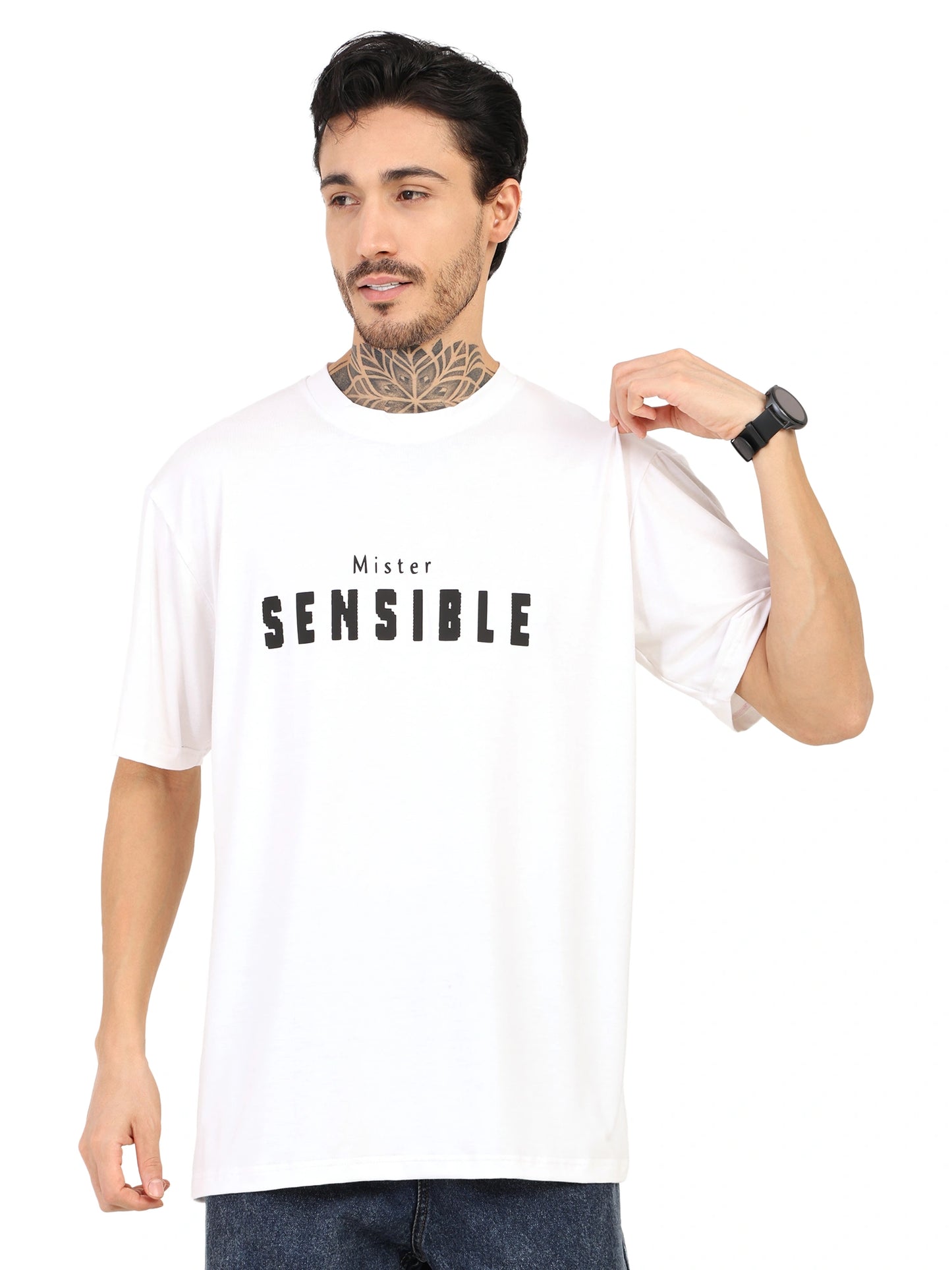 Men's oversized white bamboo T-shirt with 'Mister SENSIBLE' print for comfortable streetwear style.