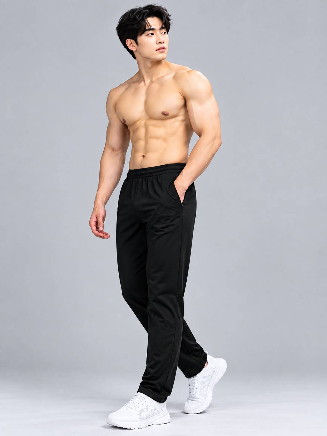 Black bamboo fabric men's track pants worn by a fit man, showcasing a regular fit design and comfortable style.