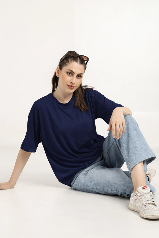 Women Oversized Bamboo Plain T-Shirt – Soft, Breathable & Sustainable | Navy