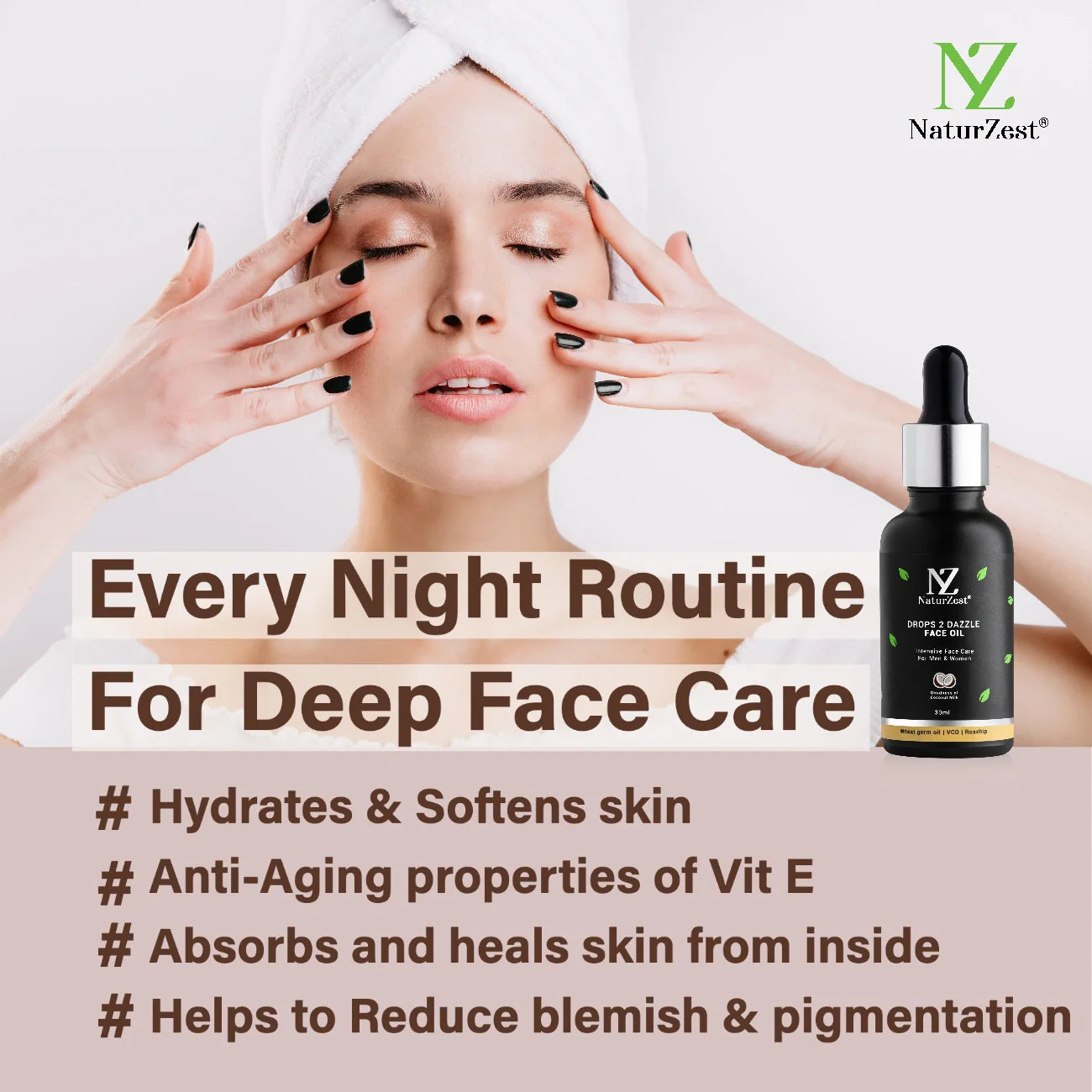 NaturZest Hair Oil for Growth, Drops 2 Dazzle Face Oil, Lip Balm - Vanilla / Coffee &  Rose Water Mist