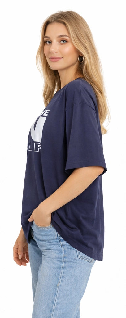 Women Bamboo Fabric Oversize Printed T-Shirt – Ultra Soft | Breathable | Sustainable Style | Navy