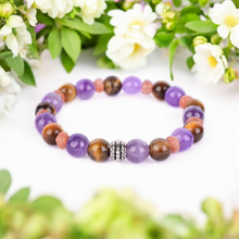 Load image into Gallery viewer, Amethyst, Tiger&#39;s Eye, and Sunstone Healing Bracelet for Calm, Confidence, and Vitality
