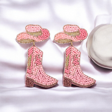 Load image into Gallery viewer, Pink Beaded Cowboy Boot and Hat Statement Earrings
