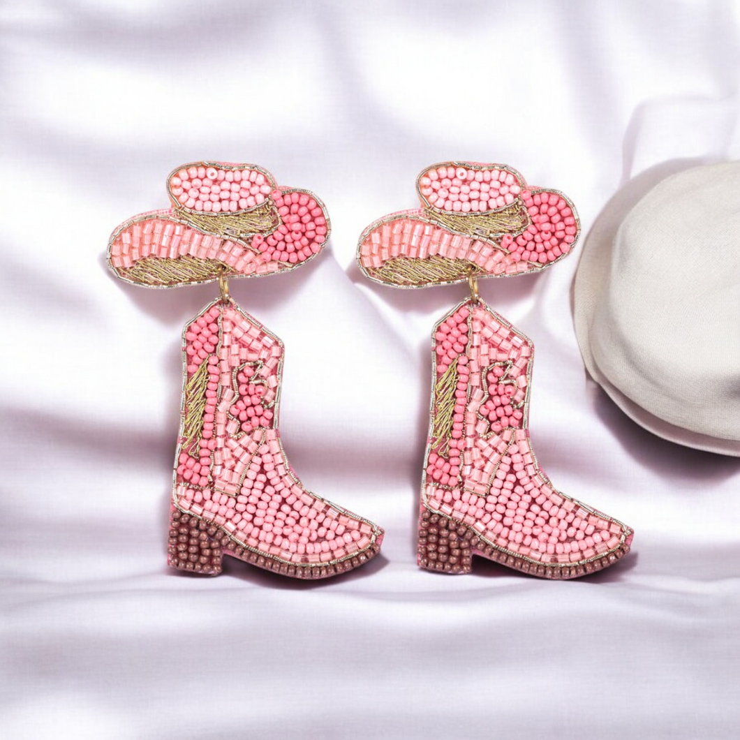 Pink Beaded Cowboy Boot and Hat Statement Earrings