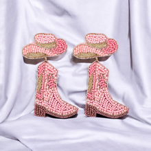 Load image into Gallery viewer, Pink Beaded Cowboy Boot and Hat Statement Earrings
