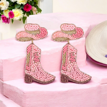 Load image into Gallery viewer, Pink Beaded Cowboy Boot and Hat Statement Earrings
