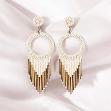 Load image into Gallery viewer, White Beaded Hoop Earrings with Gold Fringe – Elegant Statement Jewellery
