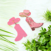 Load image into Gallery viewer, Pink Beaded Cowboy Boot and Hat Statement Earrings
