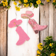 Load image into Gallery viewer, Pink Beaded Cowboy Boot and Hat Statement Earrings
