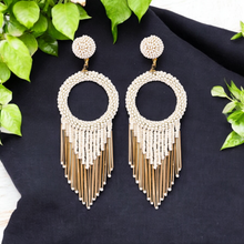 Load image into Gallery viewer, White Beaded Hoop Earrings with Gold Fringe – Elegant Statement Jewellery
