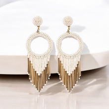 Load image into Gallery viewer, White Beaded Hoop Earrings with Gold Fringe – Elegant Statement Jewellery
