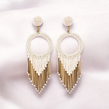 Load image into Gallery viewer, White Beaded Hoop Earrings with Gold Fringe – Elegant Statement Jewellery
